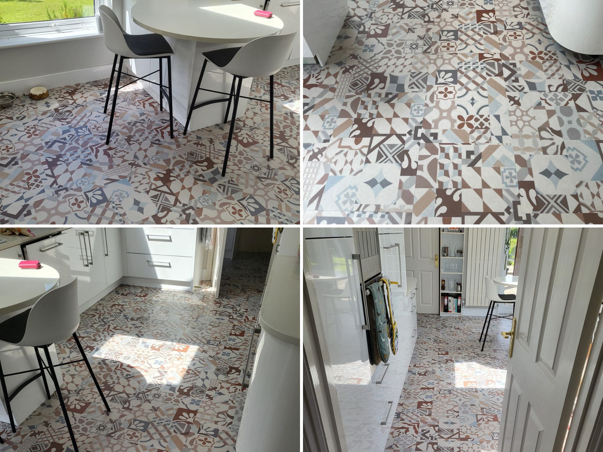 Four photos of a kitchen with Karndean Kaleidoscope flooring